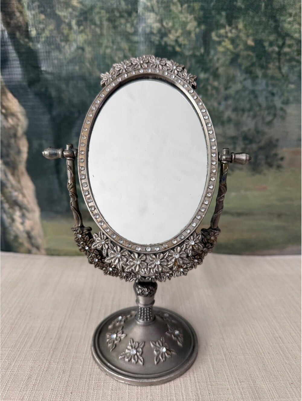 Ornate oval tabletop vanity mirror